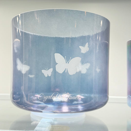 9" F#+30 Zeal Point Aura Gold W/ Etched Butterflies 128072 Crystal Tones® Alchemy Crystal Singing Bowl