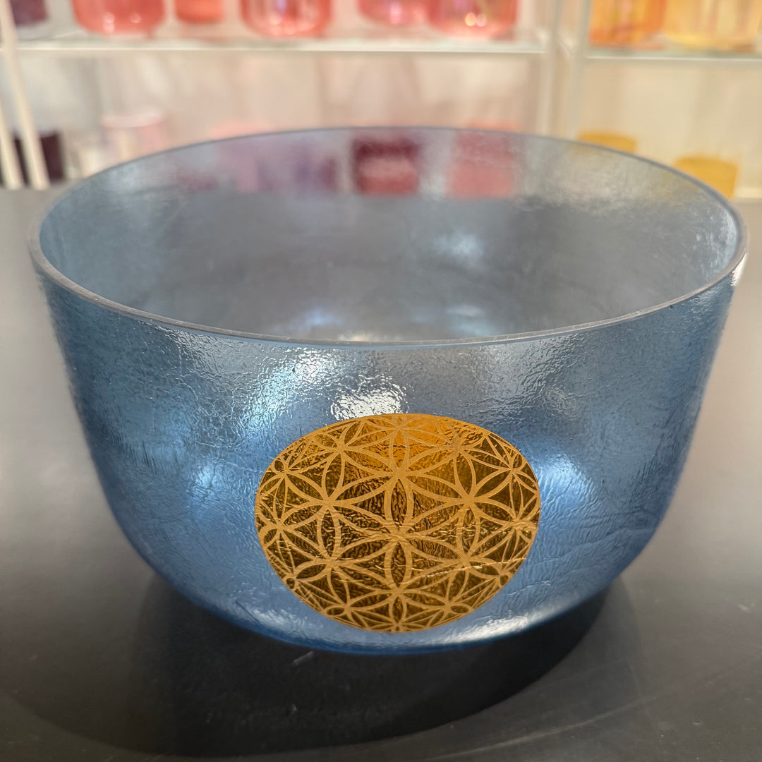 12" F#+20 Indigo, White Light Aura Gold W/ Etched Solid Gold Flower Of Life 103116 Crystal Tones® Alchemy Crystal Singing Bowl