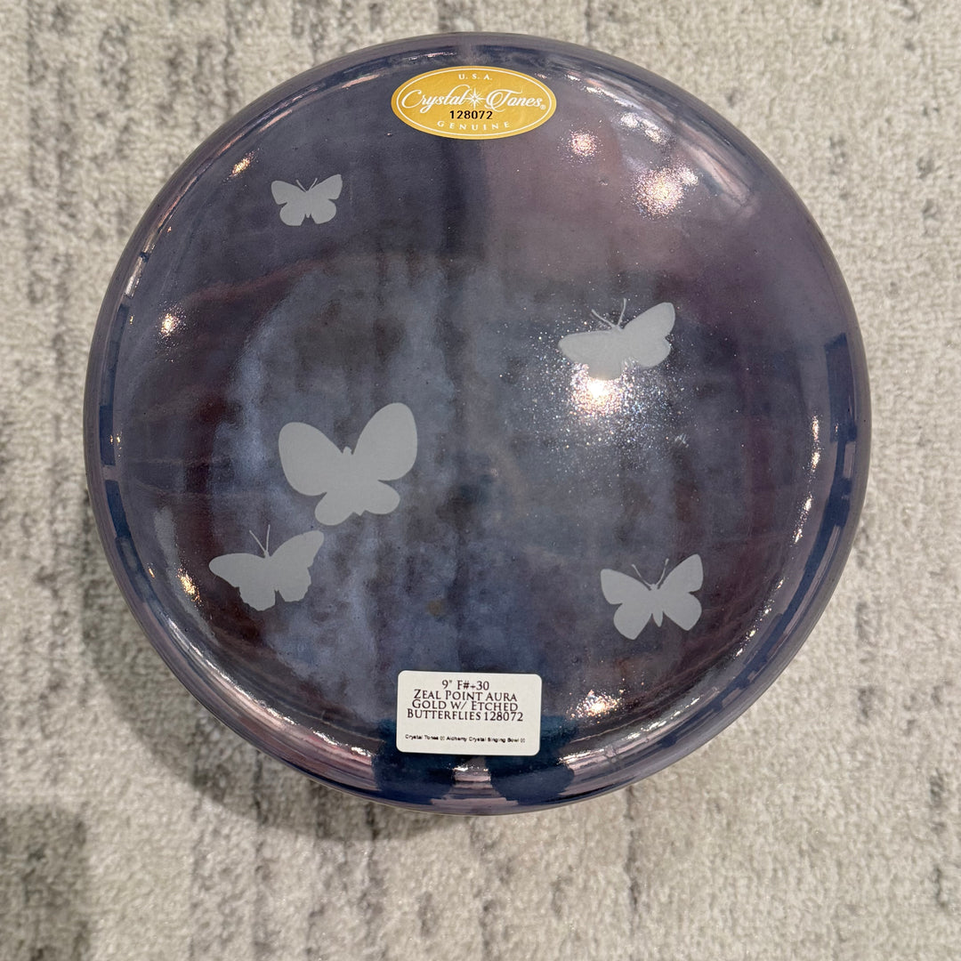 9" F#+30 Zeal Point Aura Gold W/ Etched Butterflies 128072 Crystal Tones® Alchemy Crystal Singing Bowl