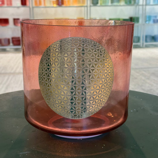 9" A#+10 Rose Quartz W/ Solid Gold Flower Of Life Morph 110210 Crystal Tones® Alchemy Crystal Singing Bowl