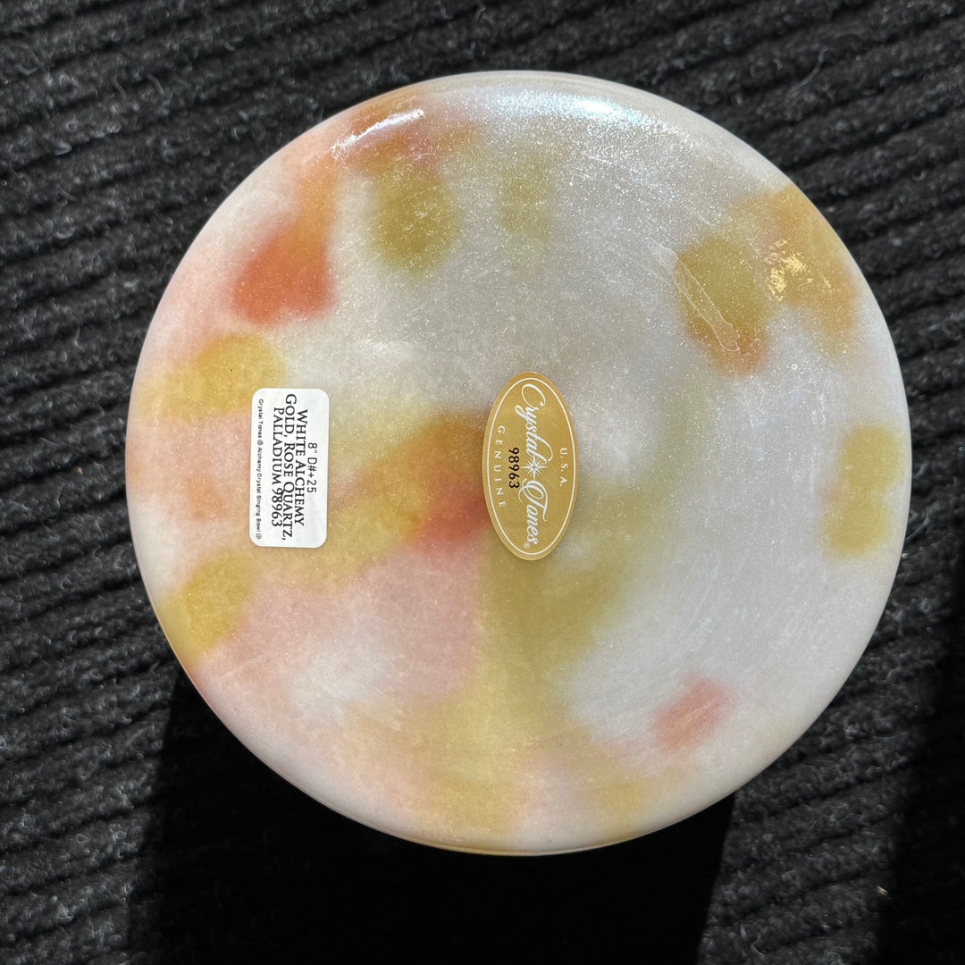 8" D#+25 White Alchemy Gold, Rose Quartz, Palladium 98963 Crystal Tones® Alchemy Crystal Singing Bowl