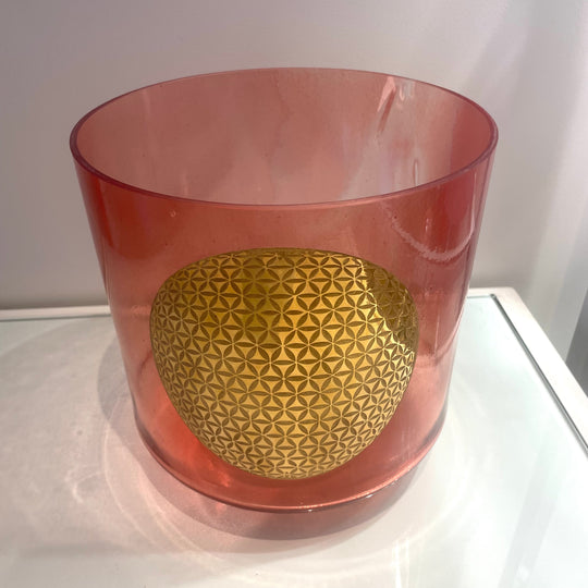 9" A#+10 Rose Quartz W/ Solid Gold Flower Of Life Morph 110210 Crystal Tones® Alchemy Crystal Singing Bowl