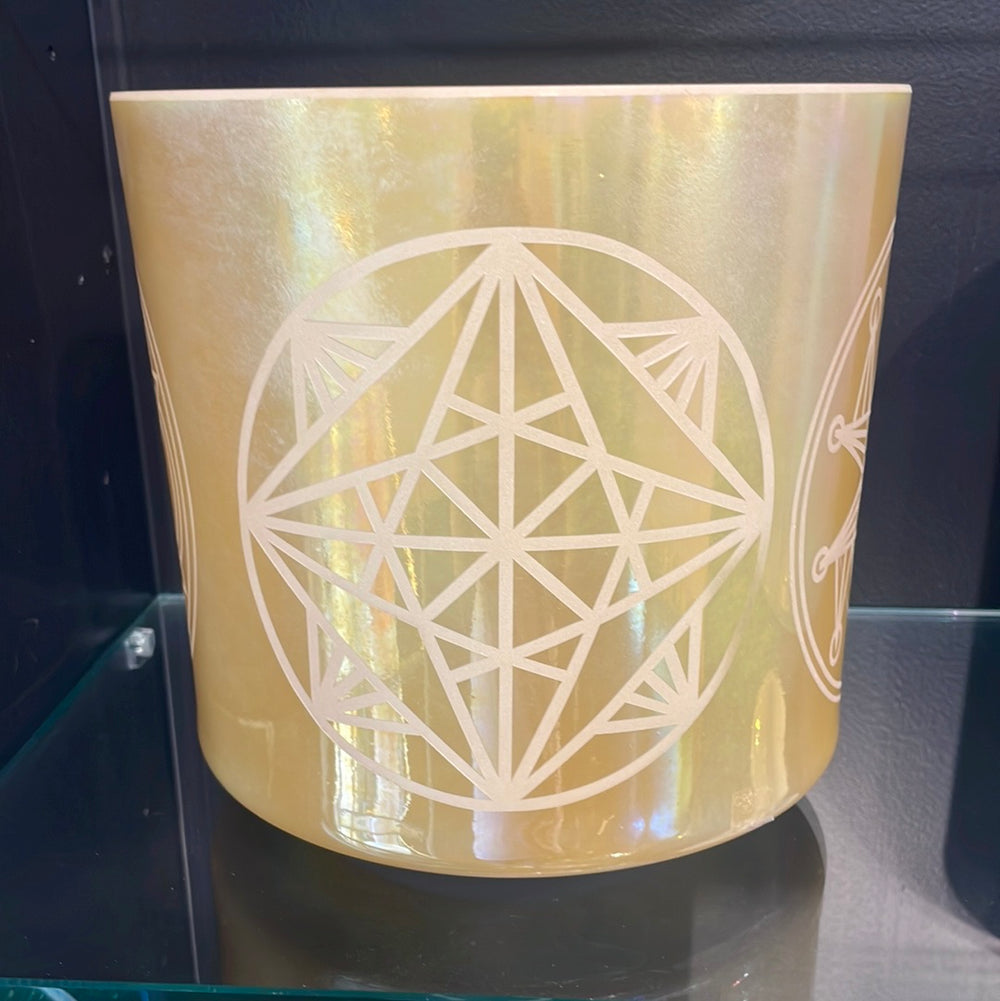 8" D#+15 White Alchemy Gold, Palladium w/ Etched Sacred Geometry 52906 Crystal Tones® Alchemy Crystal Singing Bowl