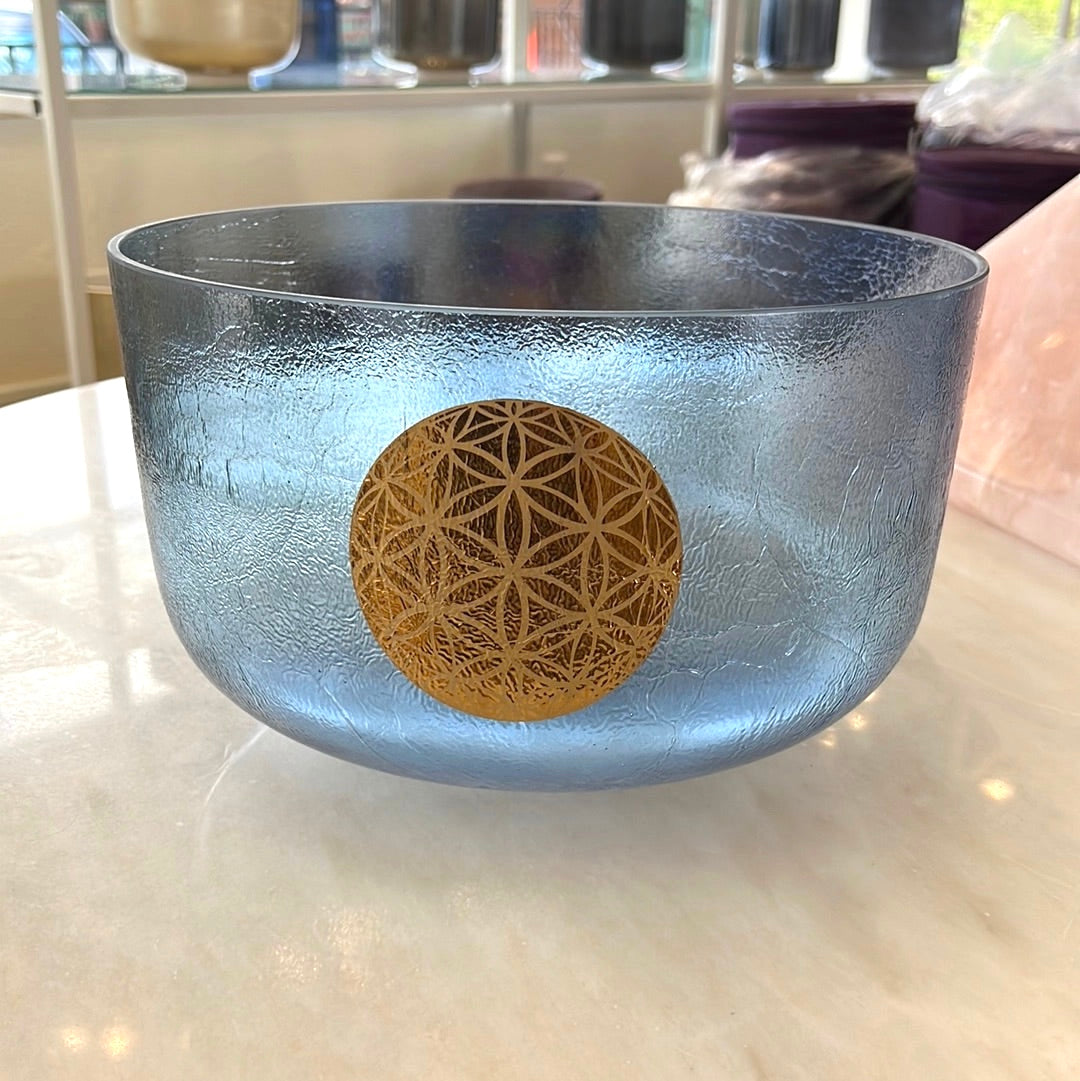 12" F#+20 Indigo, White Light Aura Gold W/ Etched Solid Gold Flower Of Life 103116 Crystal Tones® Alchemy Crystal Singing Bowl
