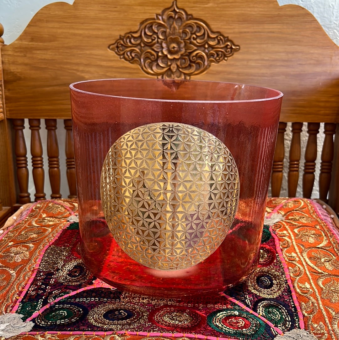 9" A#+10 Rose Quartz W/ Solid Gold Flower Of Life Morph 110210 Crystal Tones® Alchemy Crystal Singing Bowl