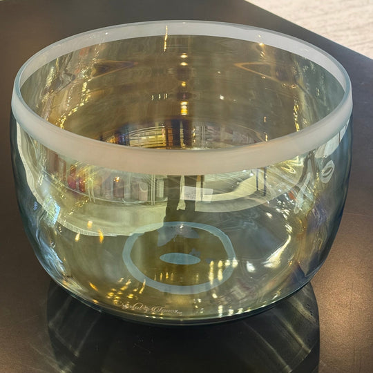 12" G-20 Aqua Aura Gold, Frosted Rim, Small Etched Butterflies 159546 Crystal Tones® Supergrade Temple Crystal Singing Bowl - Sacred Sound of the Soul