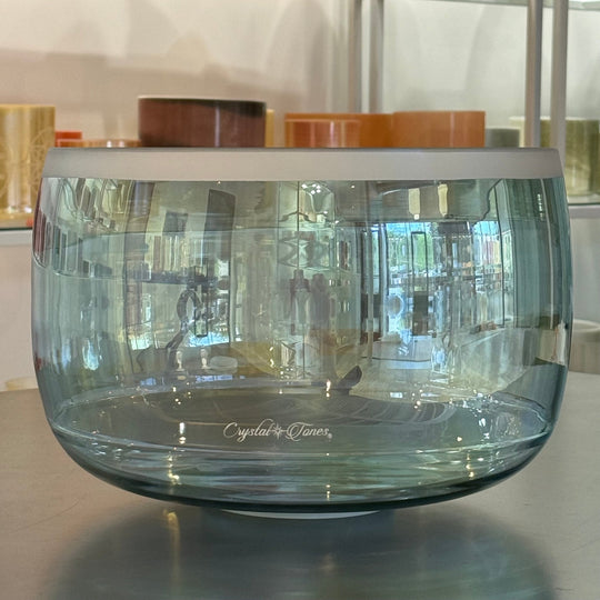 12" G-20 Aqua Aura Gold, Frosted Rim, Small Etched Butterflies 159546 Crystal Tones® Supergrade Temple Crystal Singing Bowl - Sacred Sound of the Soul