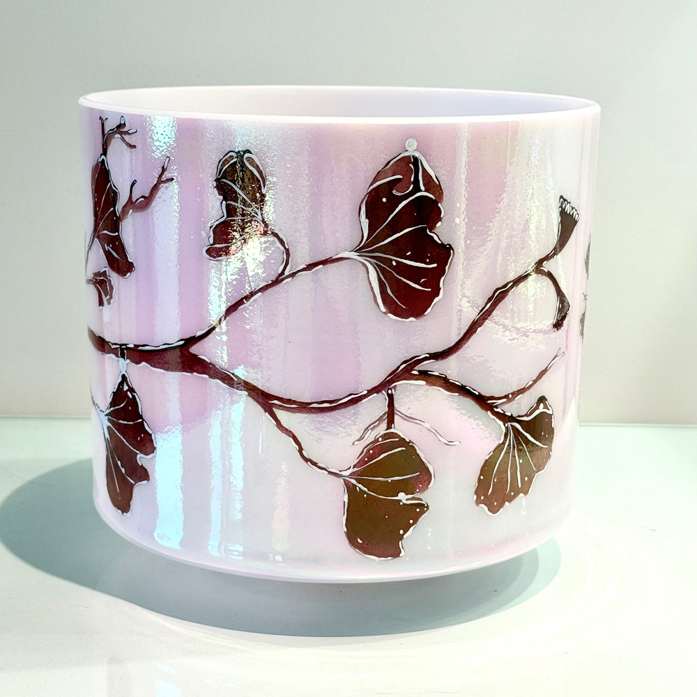 8" D#-15 St. Germain Sky Intricate Etched Ruby Ginkgo Leaves 153789 Crystal Tones® Alchemy Crystal Singing Bowl