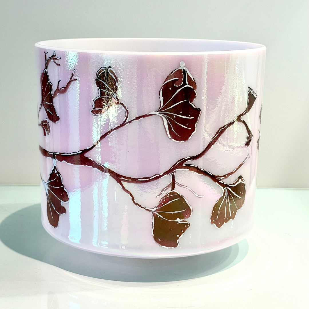 8" D#-15 St. Germain Sky Intricate Etched Ruby Ginkgo Leaves 153789 Crystal Tones® Alchemy Crystal Singing Bowl