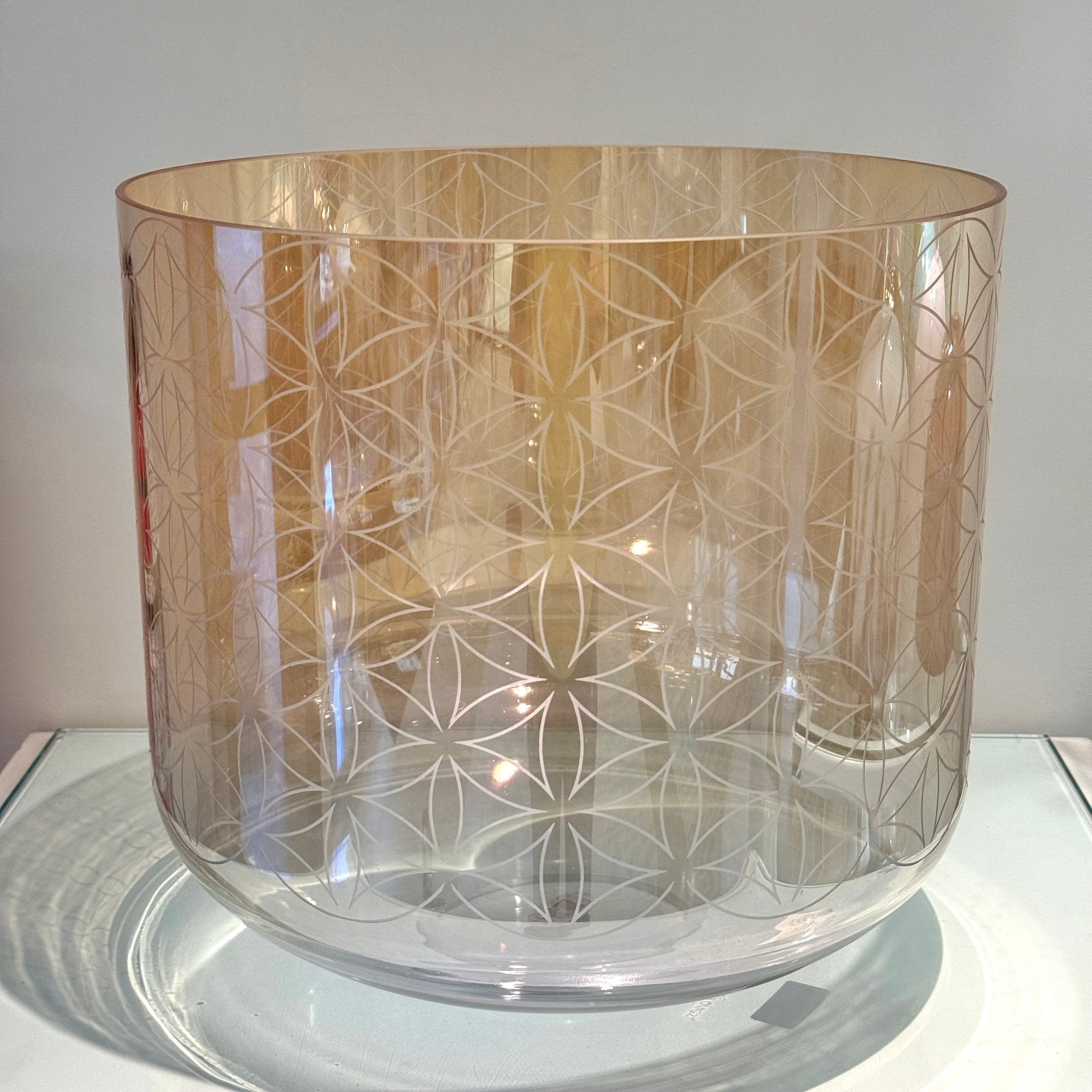 14" A-30 Grandmother, Aqua Aura Gold (Base), Intricate Etched Flower Of Life 162693 Crystal Tones® Supergrade Crystal Singing Bowl - Sacred Sound of the Soul