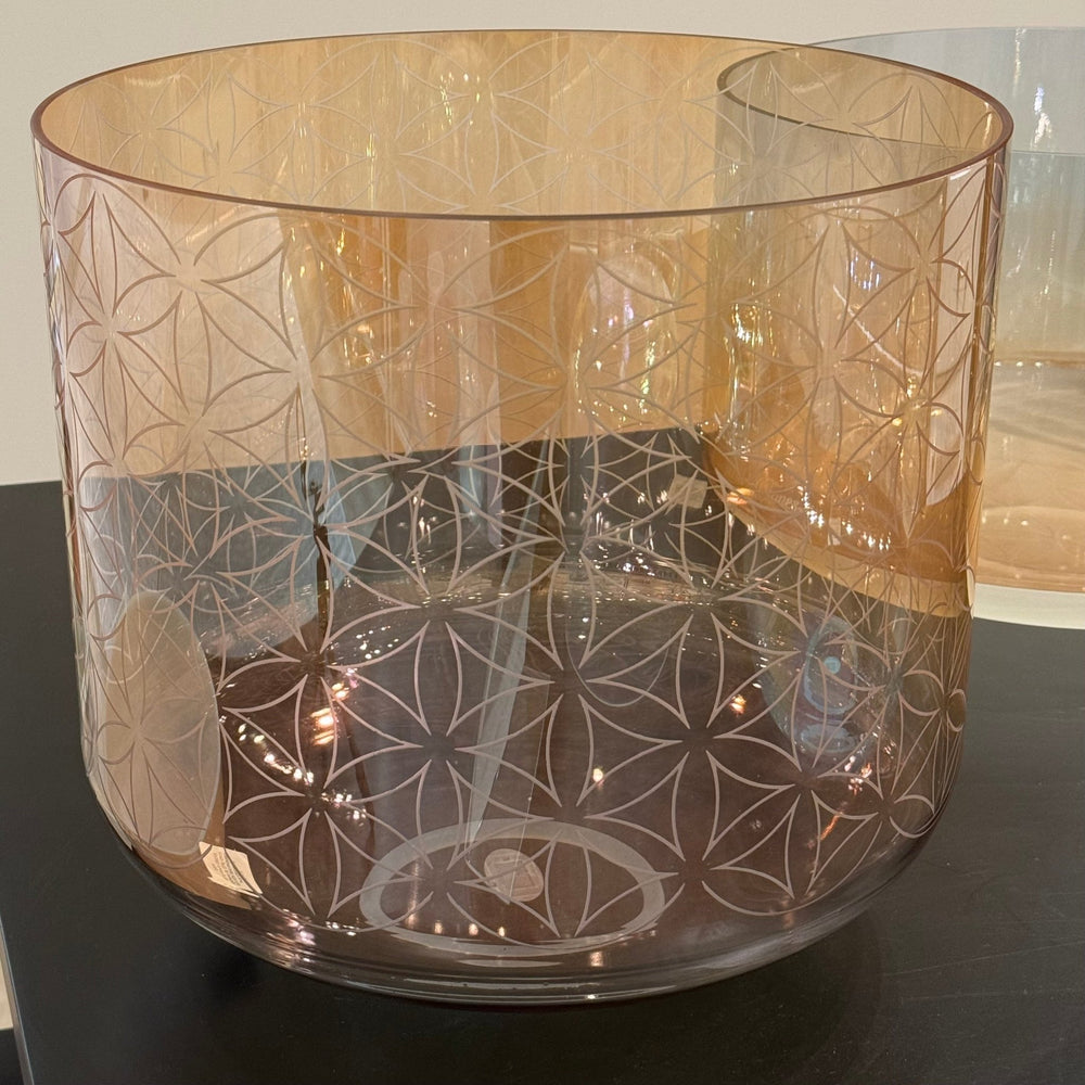 14" A-30 Grandmother, Aqua Aura Gold (Base), Intricate Etched Flower Of Life 162693 Crystal Tones® Supergrade Crystal Singing Bowl - Sacred Sound of the Soul
