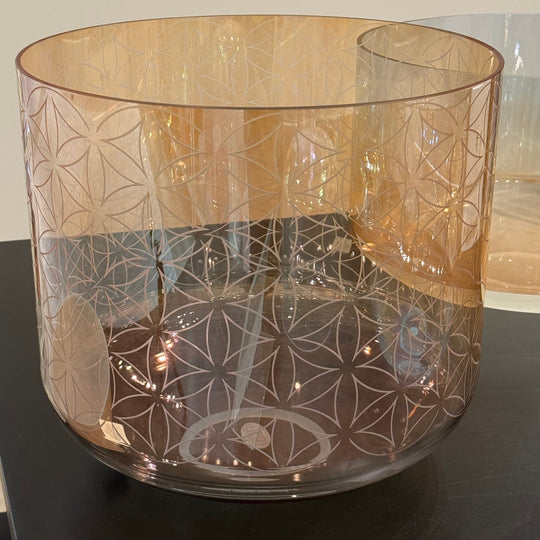 14" A-30 Grandmother, Aqua Aura Gold (Base), Intricate Etched Flower Of Life 162693 Crystal Tones® Supergrade Crystal Singing Bowl - Sacred Sound of the Soul
