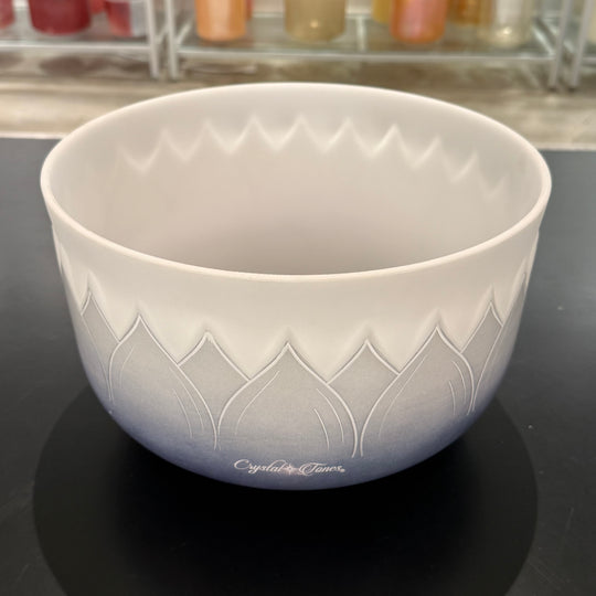 12" G#+15 White Light Angel Gold, Violet Ocean Gold (Base), W/ Intricate Etched Lotus Flower, Frosted Rim, Frosted Inside 158171 Crystal Tones® Alchemy Crystal Singing Bowl