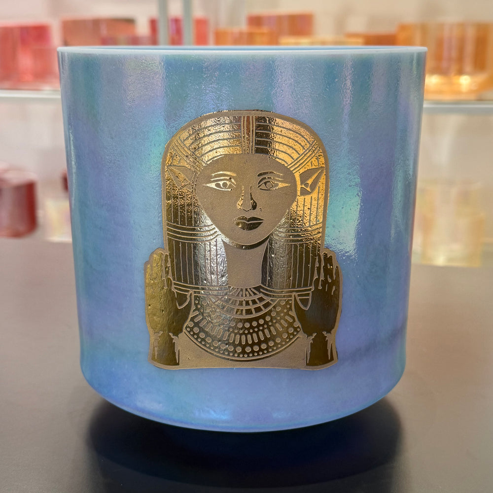 8" D+20 Egyptian Blue, Platinum W/ Etched Solid Gold Hathor 99384 Crystal Tones® Alchemy Crystal Singing Bowl