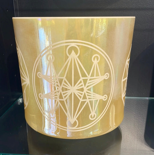 8" D+15 White Alchemy Gold, Palladium w/ Etched Sacred Geometry 52906 Crystal Tones® Alchemy Crystal Singing Bowl - Sacred Sound of the Soul