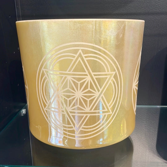 8" D+15 White Alchemy Gold, Palladium w/ Etched Sacred Geometry 52906 Crystal Tones® Alchemy Crystal Singing Bowl - Sacred Sound of the Soul