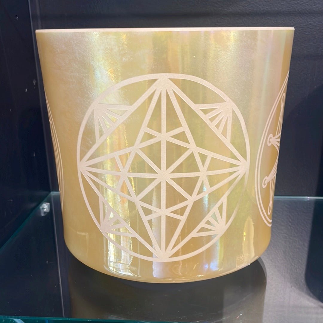 8" D+15 White Alchemy Gold, Palladium w/ Etched Sacred Geometry 52906 Crystal Tones® Alchemy Crystal Singing Bowl - Sacred Sound of the Soul