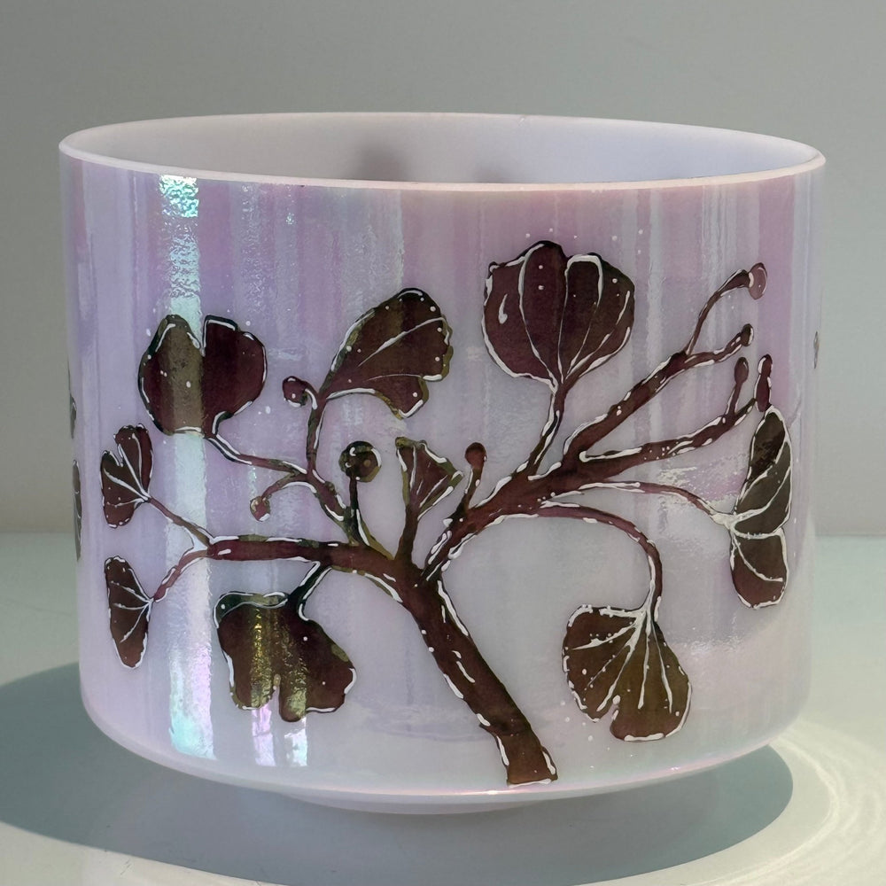 8" E+15 St. Germain Sky Intricate Etched Ruby Ginkgo Leaves 153788 Crystal Tones® Alchemy Crystal Singing Bowl - Sacred Sound of the Soul