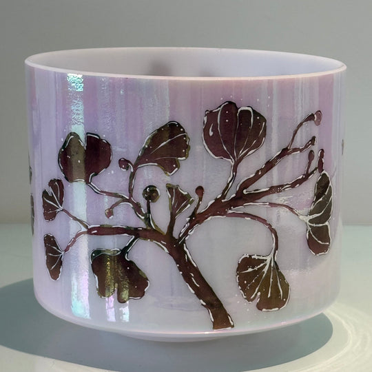 8" E+15 St. Germain Sky Intricate Etched Ruby Ginkgo Leaves 153788 Crystal Tones® Alchemy Crystal Singing Bowl - Sacred Sound of the Soul