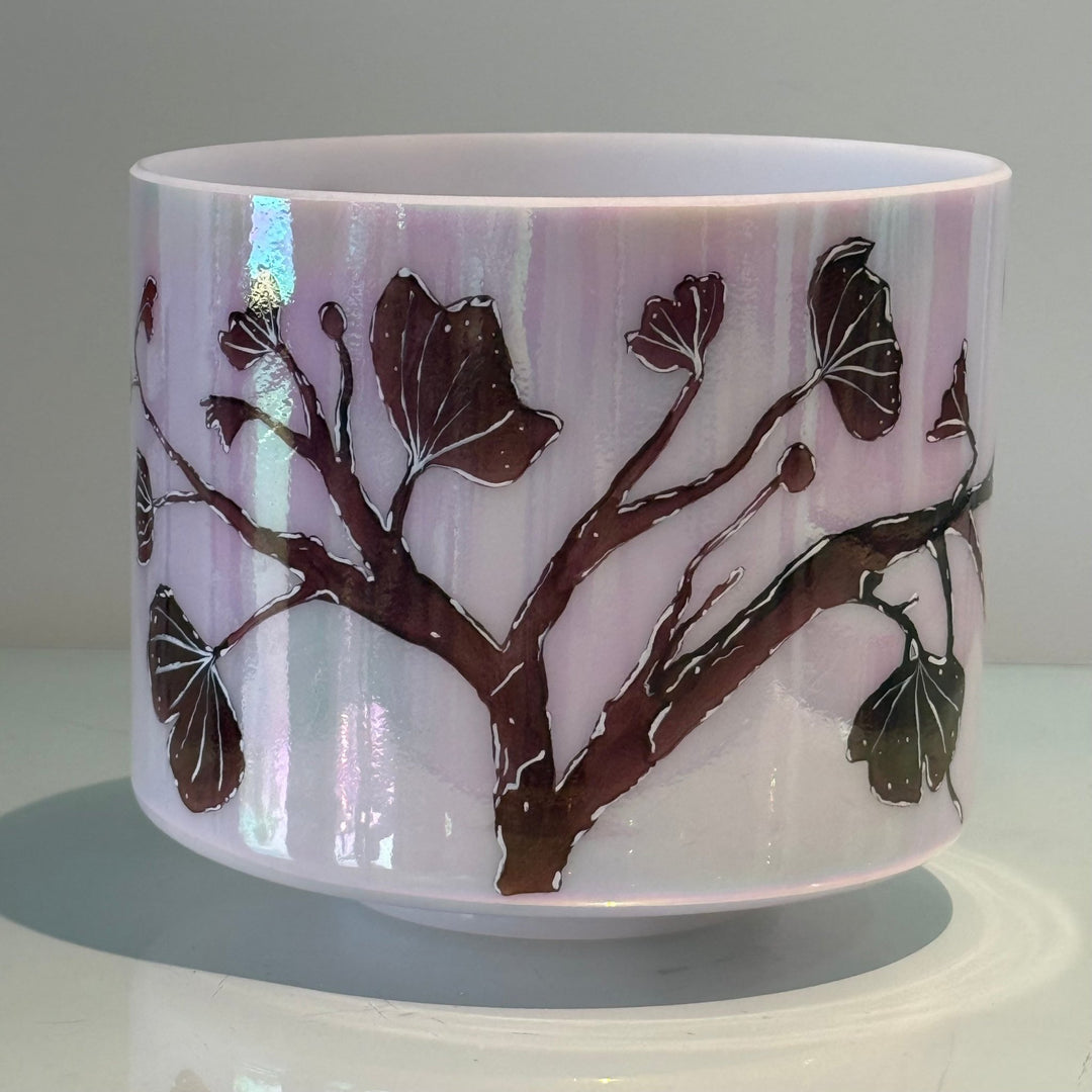 8" E+15 St. Germain Sky Intricate Etched Ruby Ginkgo Leaves 153788 Crystal Tones® Alchemy Crystal Singing Bowl - Sacred Sound of the Soul