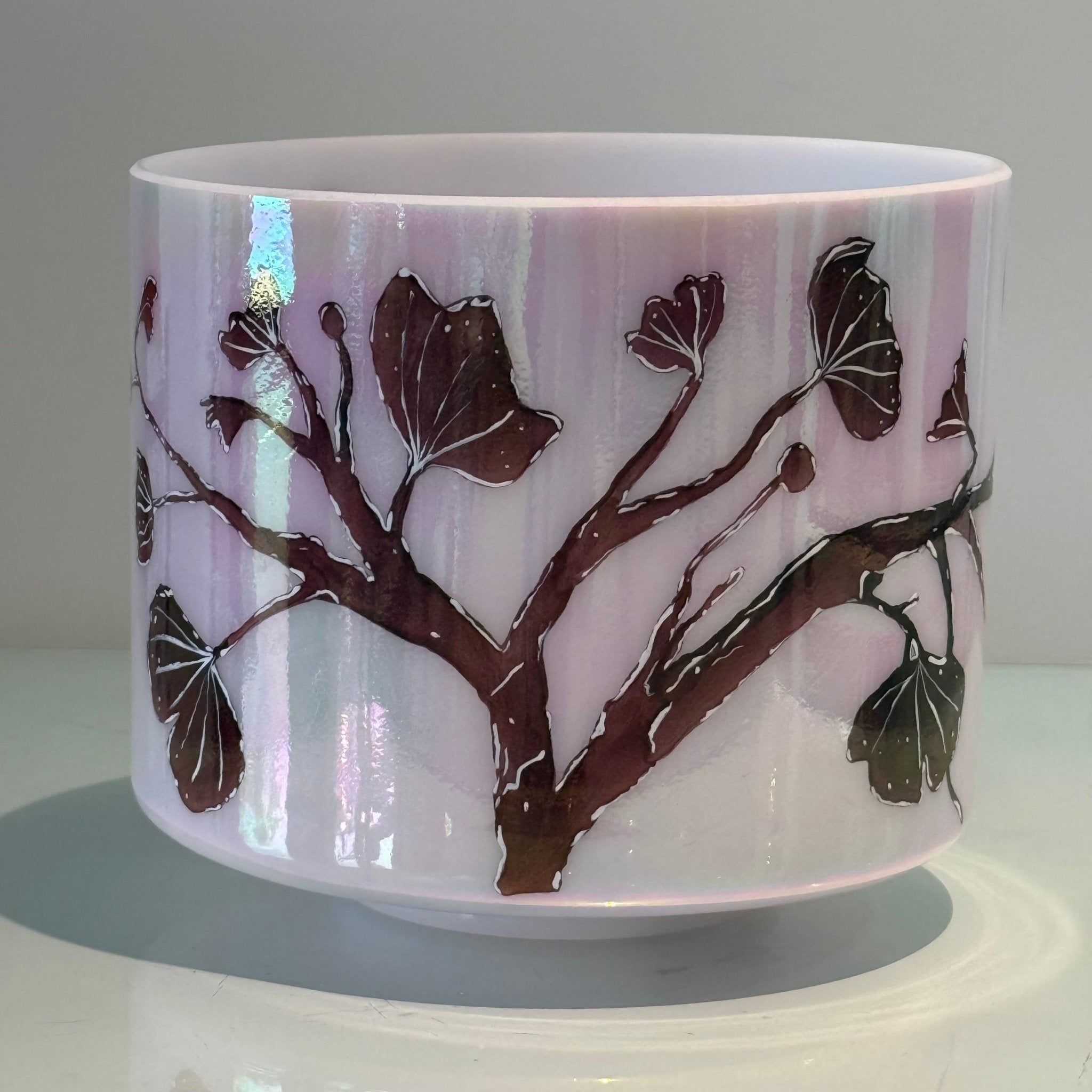 8" E+15 St. Germain Sky Intricate Etched Ruby Ginkgo Leaves 153788 Crystal Tones® Alchemy Crystal Singing Bowl - Sacred Sound of the Soul