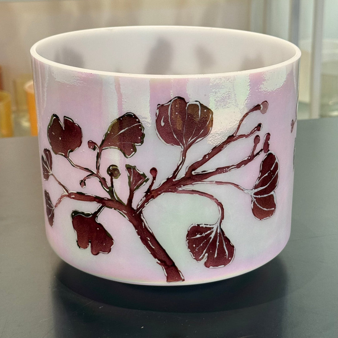 8" E+15 St. Germain Sky Intricate Etched Ruby Ginkgo Leaves 153788 Crystal Tones® Alchemy Crystal Singing Bowl - Sacred Sound of the Soul