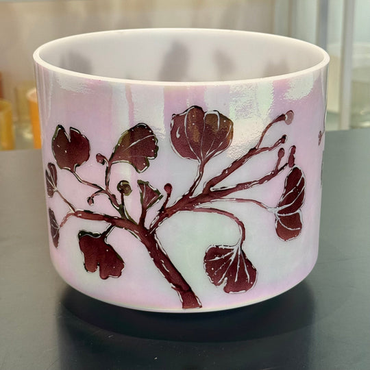 8" E+15 St. Germain Sky Intricate Etched Ruby Ginkgo Leaves 153788 Crystal Tones® Alchemy Crystal Singing Bowl - Sacred Sound of the Soul