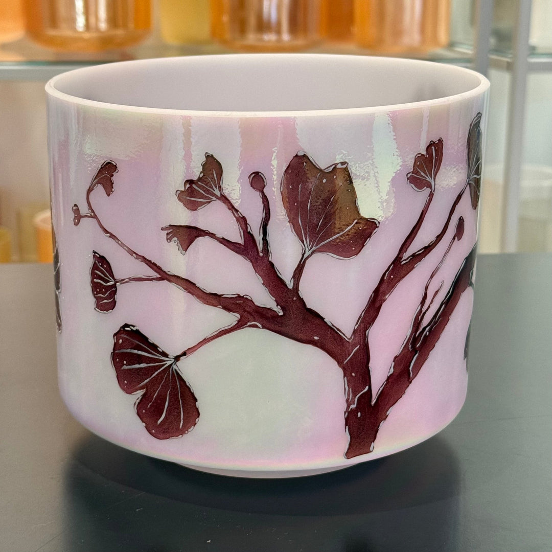 8" E+15 St. Germain Sky Intricate Etched Ruby Ginkgo Leaves 153788 Crystal Tones® Alchemy Crystal Singing Bowl - Sacred Sound of the Soul