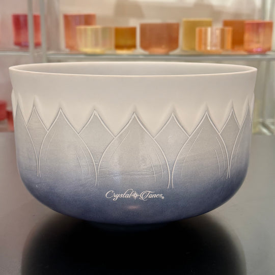 12" G#+15 White Light Angel Gold, Violet Ocean Gold (Base), W/ Intricate Etched Lotus Flower, Frosted Rim, Frosted Inside 158171 Crystal Tones® Alchemy Crystal Singing Bowl