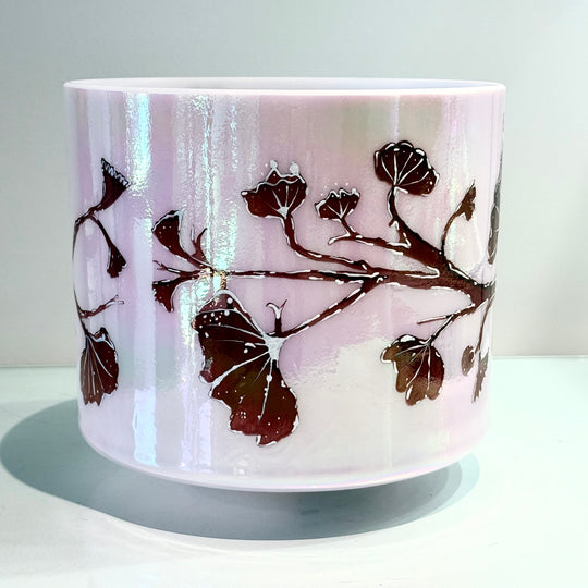 8" D#-15 St. Germain Sky Intricate Etched Ruby Ginkgo Leaves 153789 Crystal Tones® Alchemy Crystal Singing Bowl