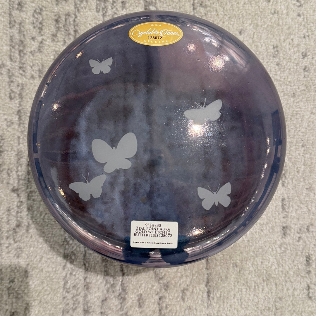 9" F+30 Zeal Point Aura Gold W/ Etched Butterflies 128072 Crystal Tones® Alchemy Crystal Singing Bowl - Sacred Sound of the Soul