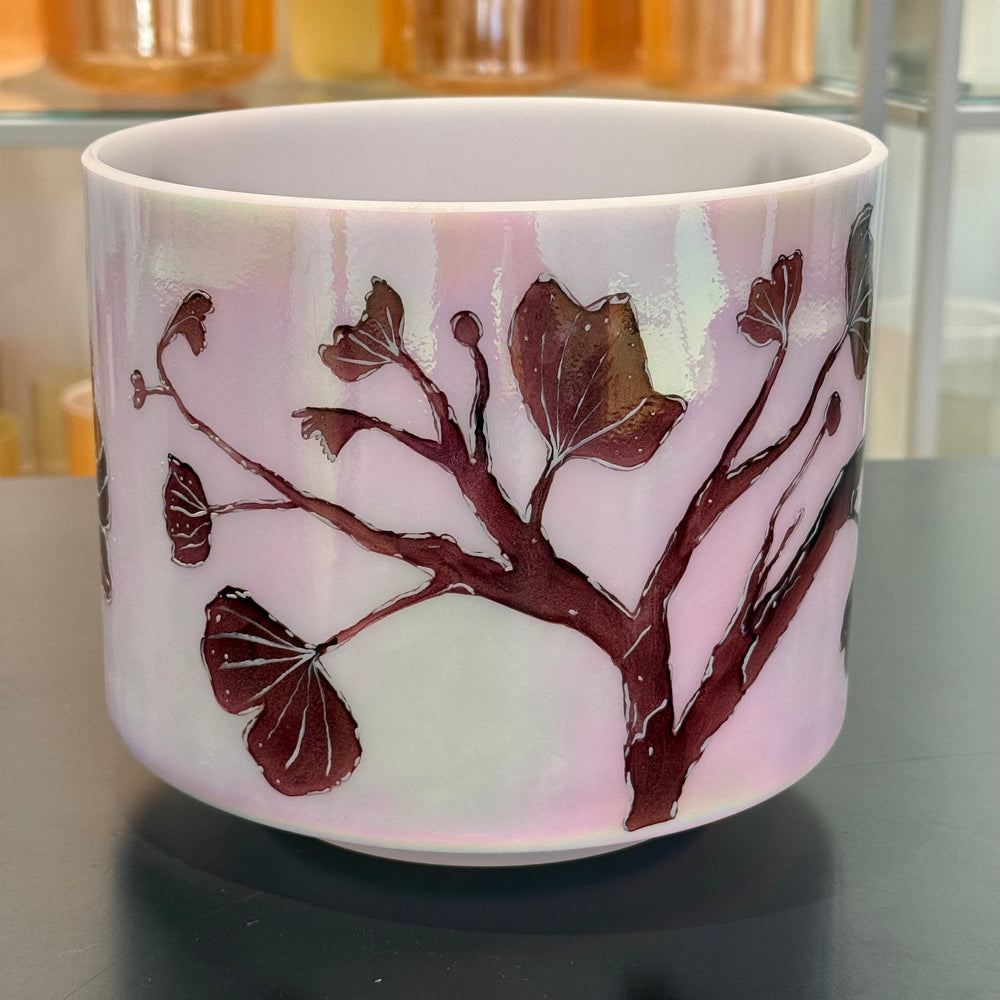 8" E+15 St. Germain Sky Intricate Etched Ruby Ginkgo Leaves 153788 Crystal Tones® Alchemy Crystal Singing Bowl