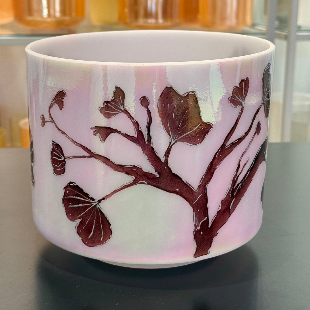 8" E+15 St. Germain Sky Intricate Etched Ruby Ginkgo Leaves 153788 Crystal Tones® Alchemy Crystal Singing Bowl