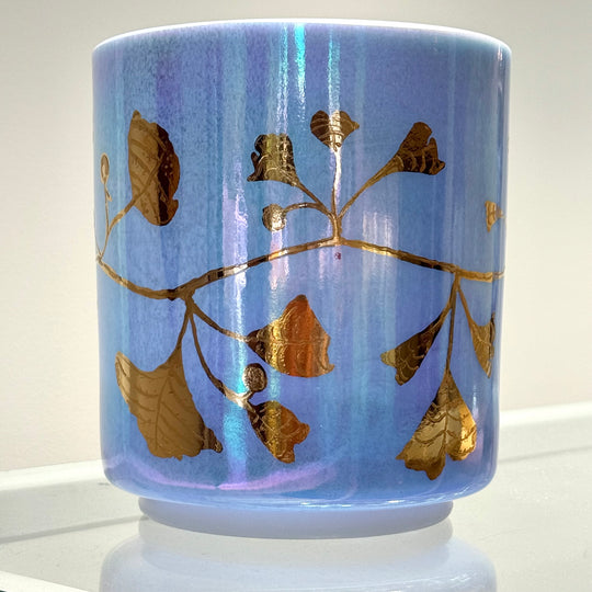 6" C-5 Egyptian Blue, Platinum Intricate Etched Gold Ginkgo Leaves 153775 Crystal Tones® Alchemy Crystal Singing Bowl