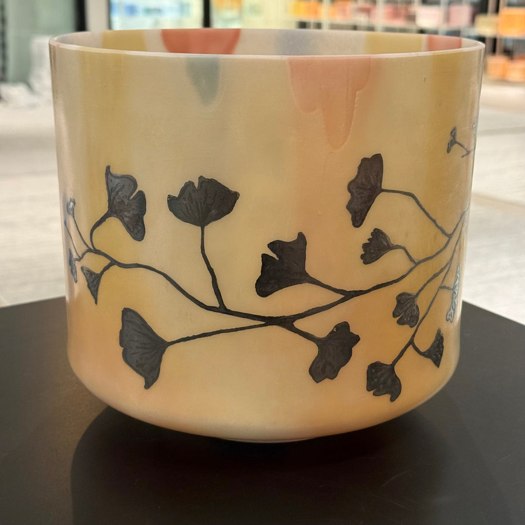 9" A#-20 Divine Grandfather Intricate Etched Silver Ginkgo Leaves 153770 Crystal Tones® Alchemy Crystal Singing Bowl