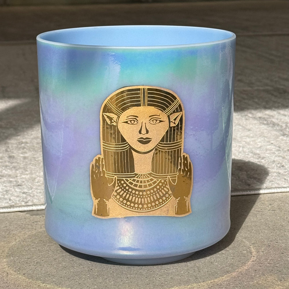 8" C#-15 Egyptian Blue, Platinum W/ Etched Solid Gold Hathor 99331 Crystal Tones® Alchemy Crystal Singing Bowl