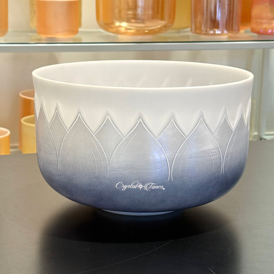 12" G#+15 White Light Angel Gold, Violet Ocean Gold (Base), W/ Intricate Etched Lotus Flower, Frosted Rim, Frosted Inside 158171 Crystal Tones® Alchemy Crystal Singing Bowl