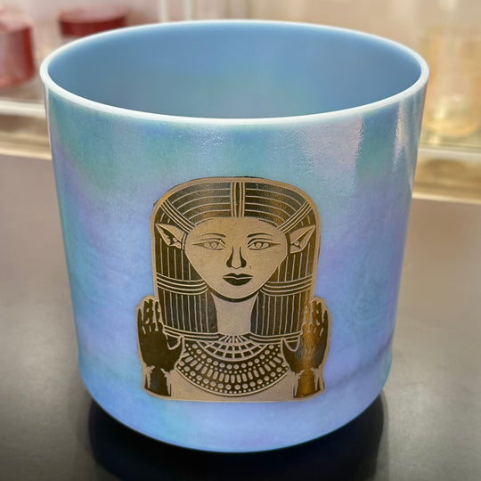 8" D+20 Egyptian Blue, Platinum W/ Etched Solid Gold Hathor 99384 Crystal Tones® Alchemy Crystal Singing Bowl
