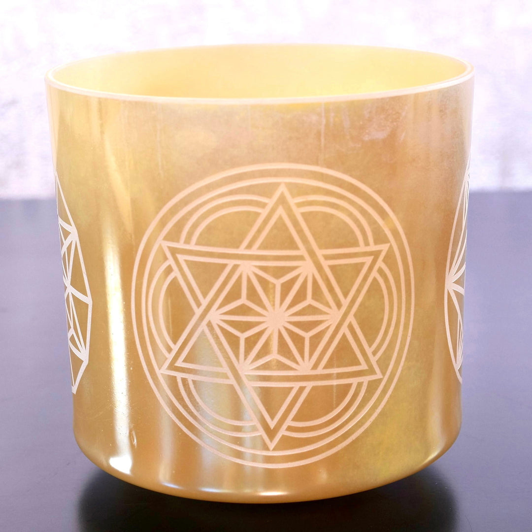 8" D# +15 White Alchemy Gold, Palladium w/ Etched Sacred Geometry 52906 Crystal Tones® ENCINITAS