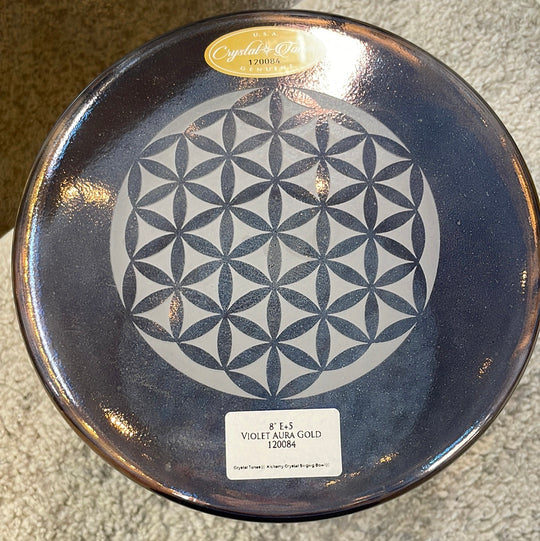 8" E+5 Violet Aura Gold with etched flower of life Bowl 120084 Crystal Tones® ENCINITAS