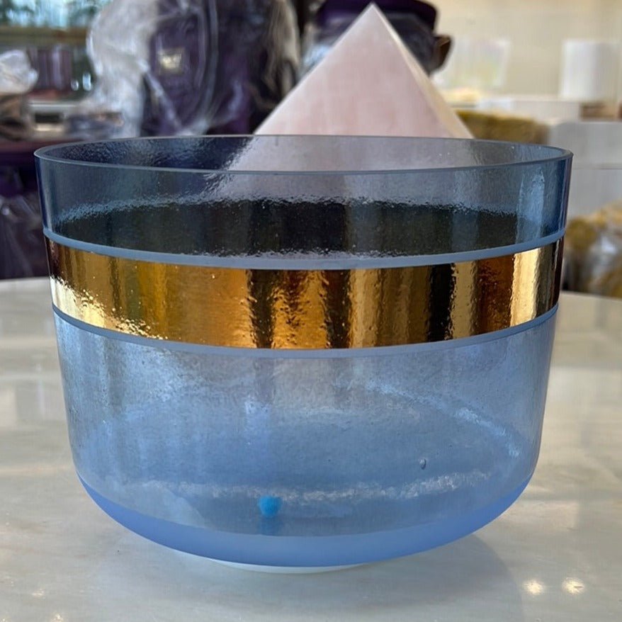 8" C+15 Indigo, White Light Aura Gold Frosted Base W/ Solid Gold Ring Of Light 110231 Crystal Tones® Alchemy Crystal Singing Bowl - Sacred Sound of the Soul