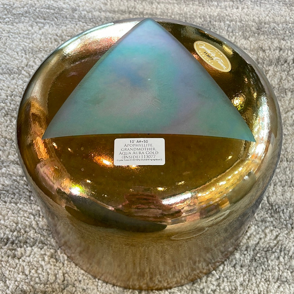 10" A#+50 Apophyllite, Grandmother, Aqua Aura Gold (inside) Bowl 113077 Crystal Tones® ENCINITAS